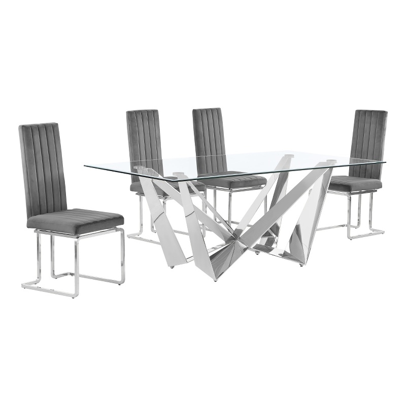 Best Quality Furniture 5pc Clear Glass Dining Set with Dark Gray Velvet Chairs