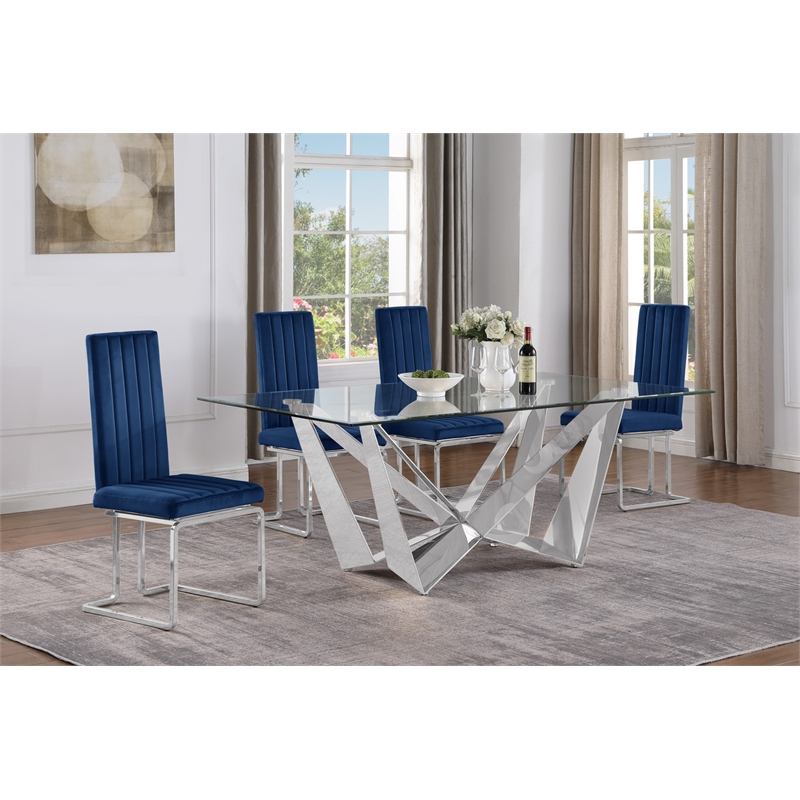 Best Quality Furniture 5pc Clear Glass Dining Set with Navy Blue Velvet Chairs