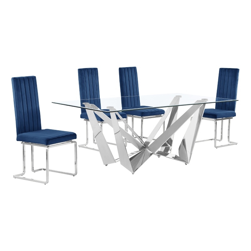 Best Quality Furniture 5pc Clear Glass Dining Set with Navy Blue Velvet Chairs