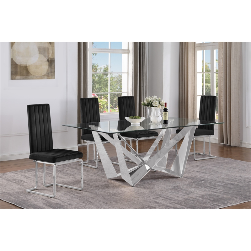 Best Quality Furniture 5pc Clear Glass Dining Set with Black Velvet Chairs