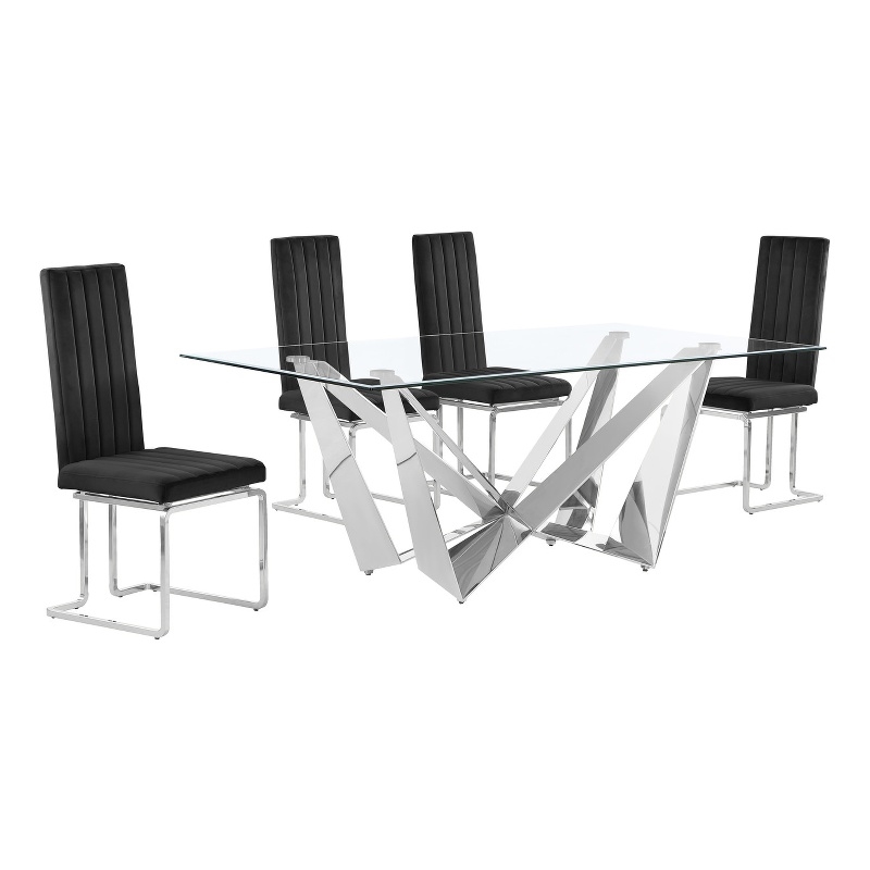 Best Quality Furniture 5pc Clear Glass Dining Set with Black Velvet Chairs