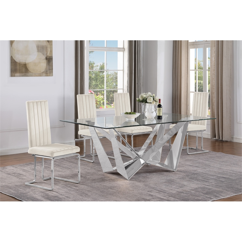 Best Quality Furniture 5pc Clear Glass Dining Set with Cream Velvet Chairs