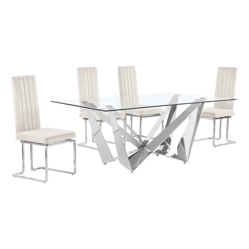 Best Quality Furniture 5pc Clear Glass Dining Set with Cream Velvet Chairs