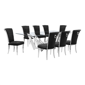 Best Quality Furniture 9pc Clear Glass Dining Set with Black Velvet Chairs