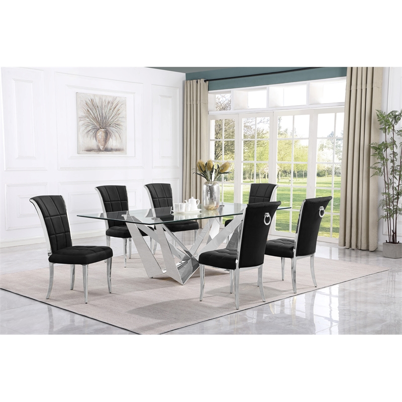 Best Quality Furniture 7pc Clear Glass Dining Set with Black Velvet Chairs