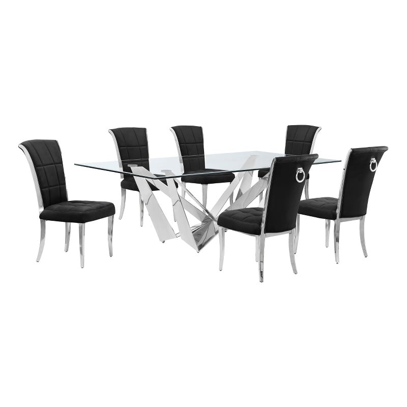 Best Quality Furniture 7pc Clear Glass Dining Set with Black Velvet Chairs