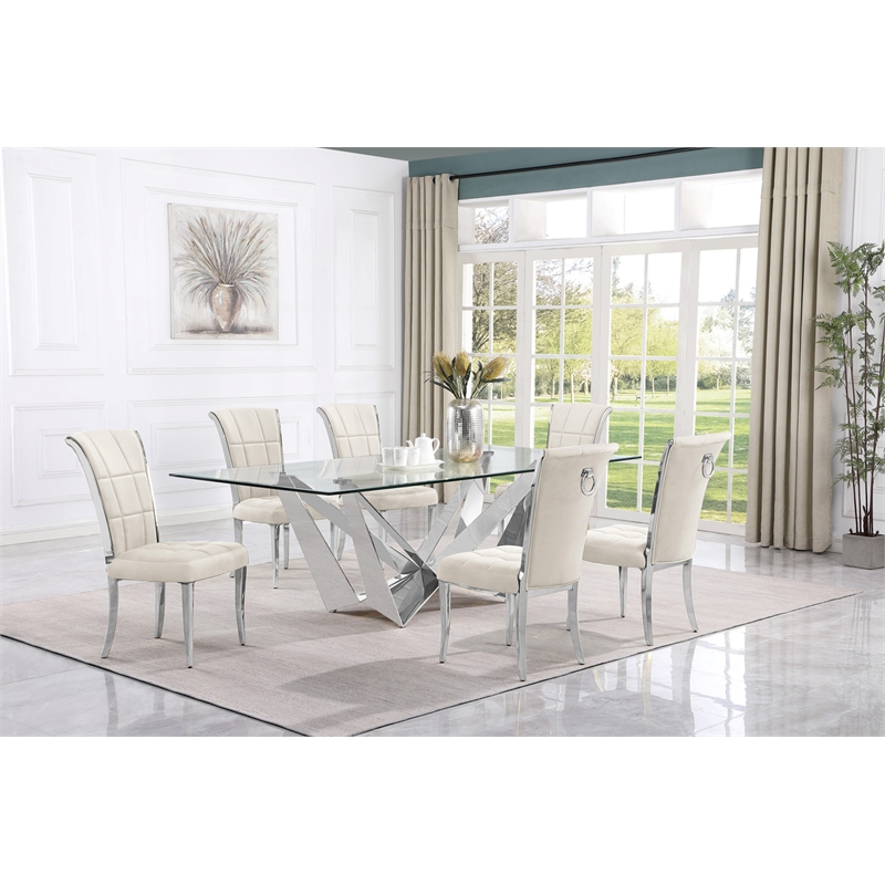Best Quality Furniture 7pc Clear Glass Dining Set with Cream Velvet Chairs
