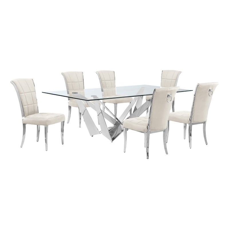 Best Quality Furniture 7pc Clear Glass Dining Set with Cream Velvet Chairs