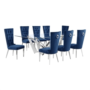 Best Quality Furniture 9pc Clear Glass Dining Set with Navy Blue Velvet Chairs
