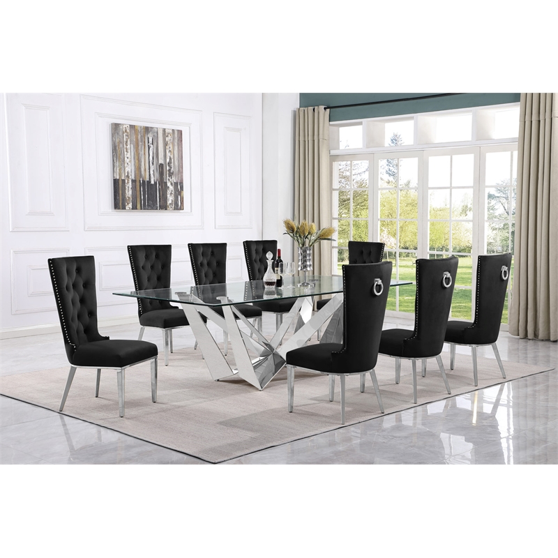 Best Quality Furniture 9pc Clear Glass Dining Set with Black Velvet Chairs