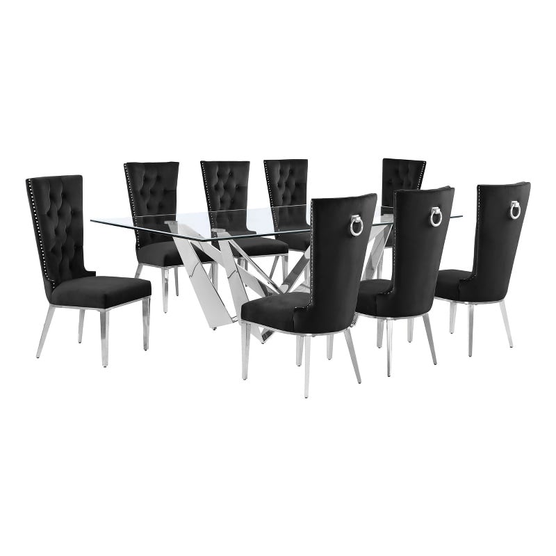 Best Quality Furniture 9pc Clear Glass Dining Set with Black Velvet Chairs