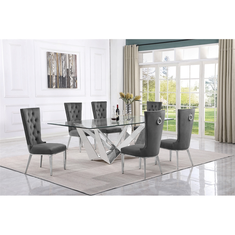 Best Quality Furniture 7pc Clear Glass Dining Set with Dark Gray Velvet Chairs