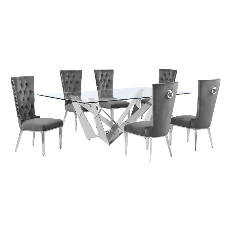 Best Quality Furniture 7pc Clear Glass Dining Set with Dark Gray Velvet Chairs