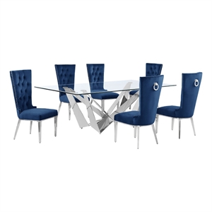 Best Quality Furniture 7pc Clear Glass Dining Set with Navy Blue Velvet Chairs