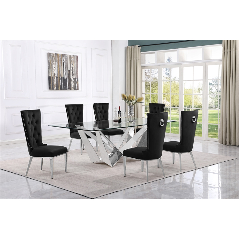Best Quality Furniture 7pc Clear Glass Dining Set with Black Velvet Chairs