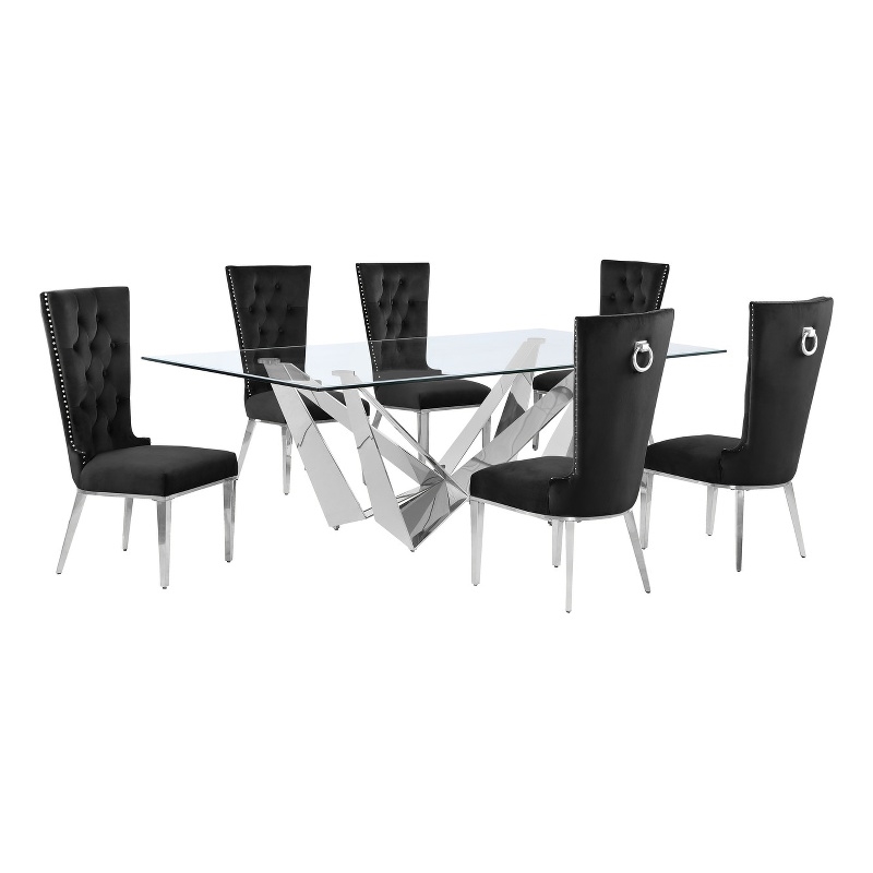 Best Quality Furniture 7pc Clear Glass Dining Set with Black Velvet Chairs