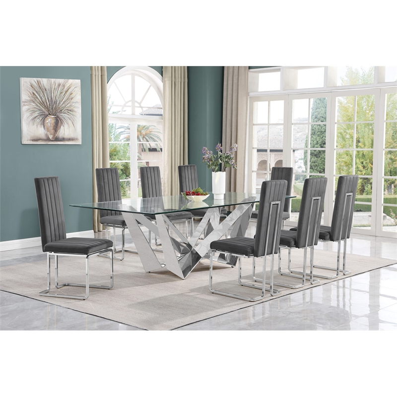 Best Quality Furniture 9pc Clear Glass Dining Set with Dark Gray Velvet Chairs