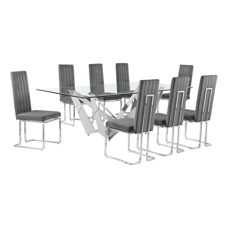 Best Quality Furniture 9pc Clear Glass Dining Set with Dark Gray Velvet Chairs