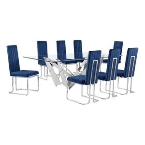 Best Quality Furniture 9pc Clear Glass Dining Set with Navy Blue Velvet Chairs