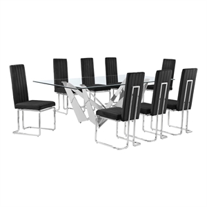 Best Quality Furniture 9pc Clear Glass Dining Set with Black Velvet Chairs