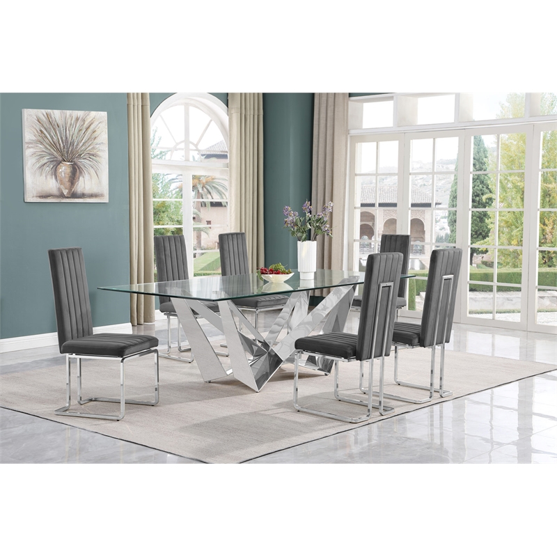 Best Quality Furniture 7pc Clear Glass Dining Set with Dark Gray Velvet Chairs