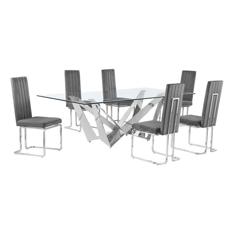 Best Quality Furniture 7pc Clear Glass Dining Set with Dark Gray Velvet Chairs