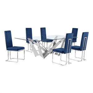 Best Quality Furniture 7pc Clear Glass Dining Set with Navy Blue Velvet Chairs