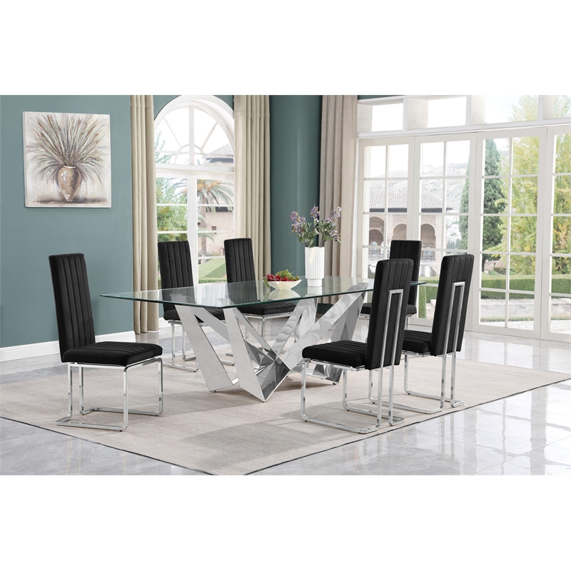 Best Quality Furniture 7pc Clear Glass Dining Set with Black Velvet Chairs