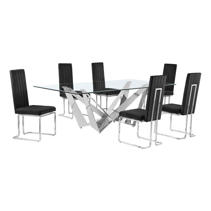 Best Quality Furniture 7pc Clear Glass Dining Set with Black Velvet Chairs
