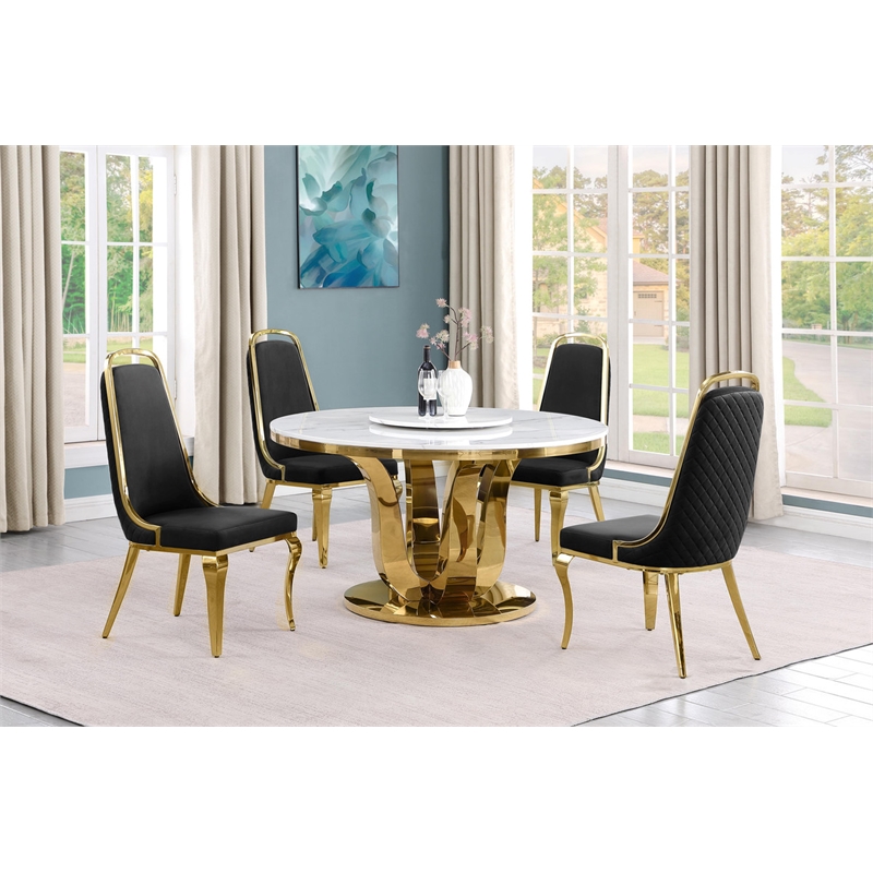 Best Quality Furniture White Marble Dining Set with Lazy Susan and Black Chairs