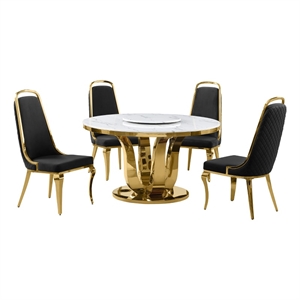 Best Quality Furniture White Marble Dining Set with Lazy Susan and Black Chairs