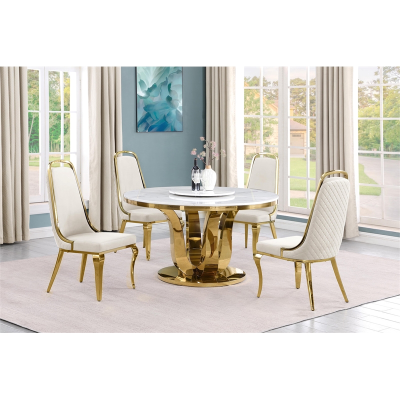 Best Quality Furniture White Marble Dining Set with Lazy Susan and Cream Chairs