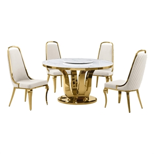 Best Quality Furniture White Marble Dining Set with Lazy Susan and Cream Chairs