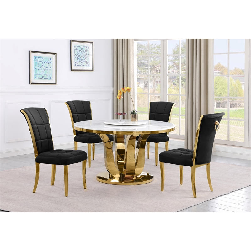 Best Quality Furniture White Marble Dining Set with Lazy Susan and Black Chairs