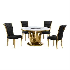 Best Quality Furniture White Marble Dining Set with Lazy Susan and Black Chairs