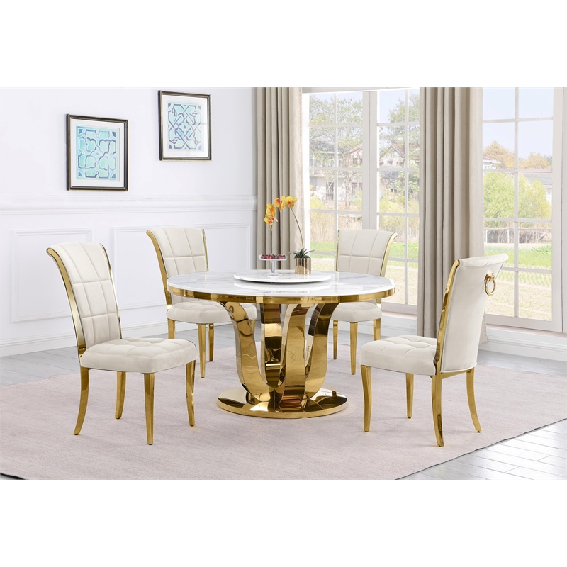 Best Quality Furniture White Marble Dining Set with Lazy Susan and Cream Chairs