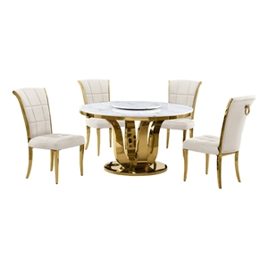 Best Quality Furniture White Marble Dining Set with Lazy Susan and Cream Chairs