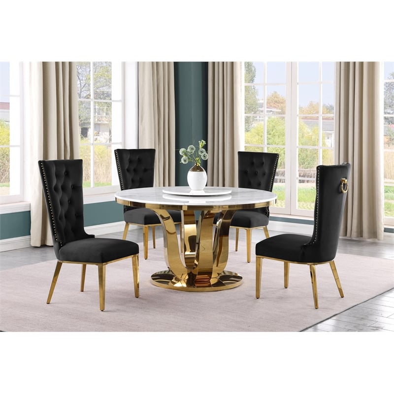 Best Quality Furniture White Marble Dining Set with Lazy Susan and Black Chairs
