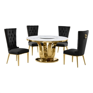 Best Quality Furniture White Marble Dining Set with Lazy Susan and Black Chairs