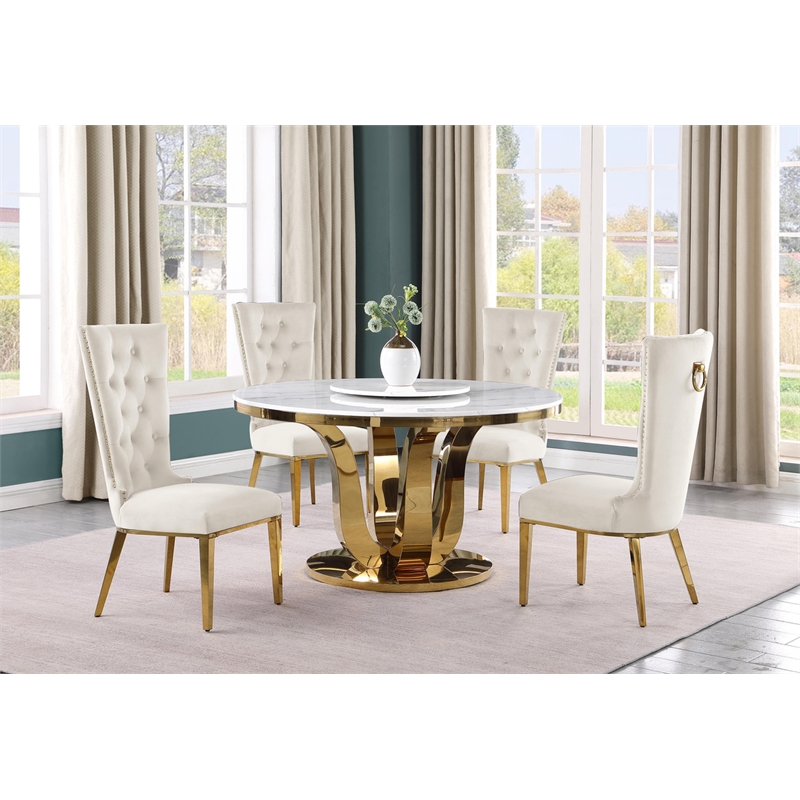Best Quality Furniture White Marble Dining Set with Lazy Susan and Cream Chairs