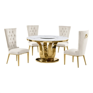Best Quality Furniture White Marble Dining Set with Lazy Susan and Cream Chairs