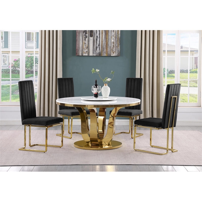 Best Quality Furniture White Marble Dining Set with Lazy Susan and Black Chairs