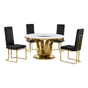Best Quality Furniture White Marble Dining Set with Lazy Susan and Black Chairs