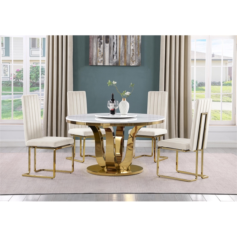 Best Quality Furniture White Marble Dining Set with Lazy Susan and Cream Chairs