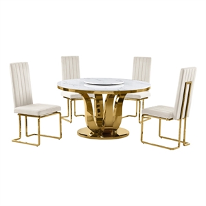 Best Quality Furniture White Marble Dining Set with Lazy Susan and Cream Chairs