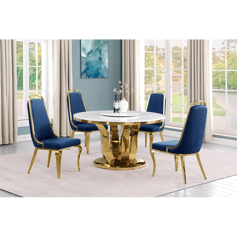 Best Quality Furniture White Marble Dining Set w Lazy Susan and Navy Blue Chairs