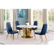 Best Quality Furniture White Marble Dining Set w Lazy Susan and Navy Blue Chairs