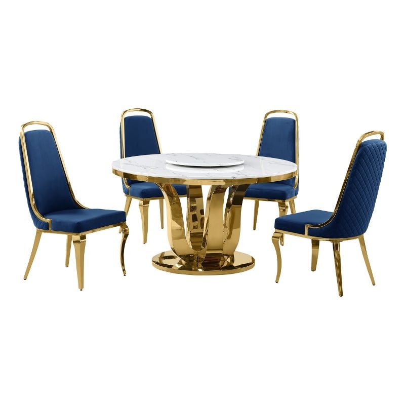 Best Quality Furniture White Marble Dining Set w Lazy Susan and Navy Blue Chairs