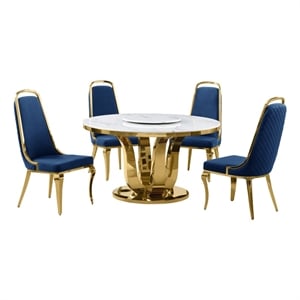 Best Quality Furniture White Marble Dining Set w Lazy Susan and Navy Blue Chairs