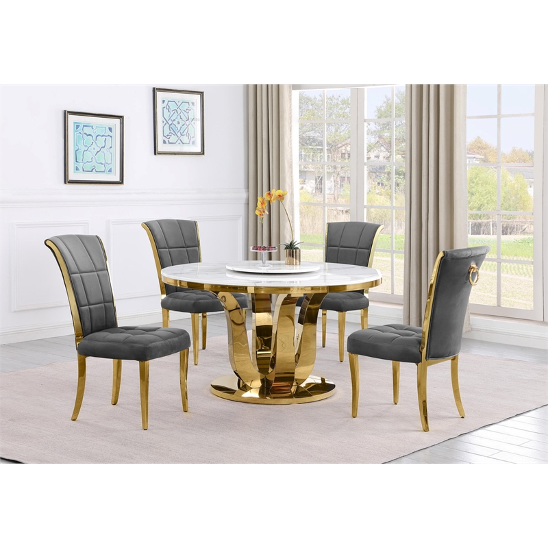 Best Quality Furniture White Marble Dining Set w Lazy Susan and Dark Gray Chairs